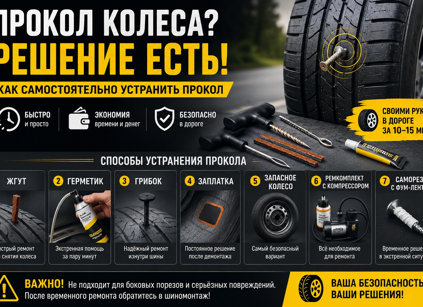 Экстренный ремонт автомобиля: как устранить прокол колеса своими руками прямо на дороге?